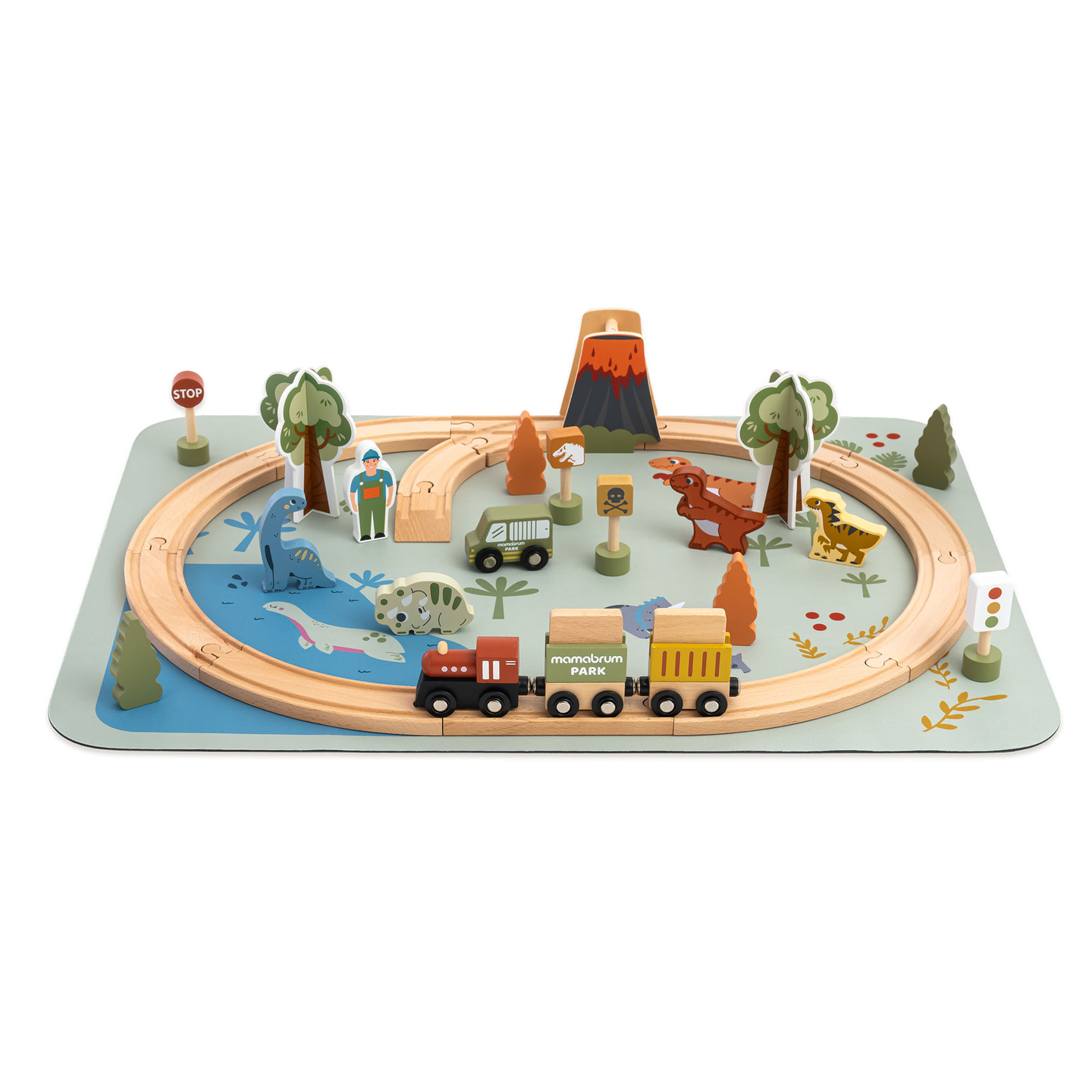 Trenino in legno Dino Park con tappetino antiscivolo - dinosauri, treno, binari, vulcano, campana