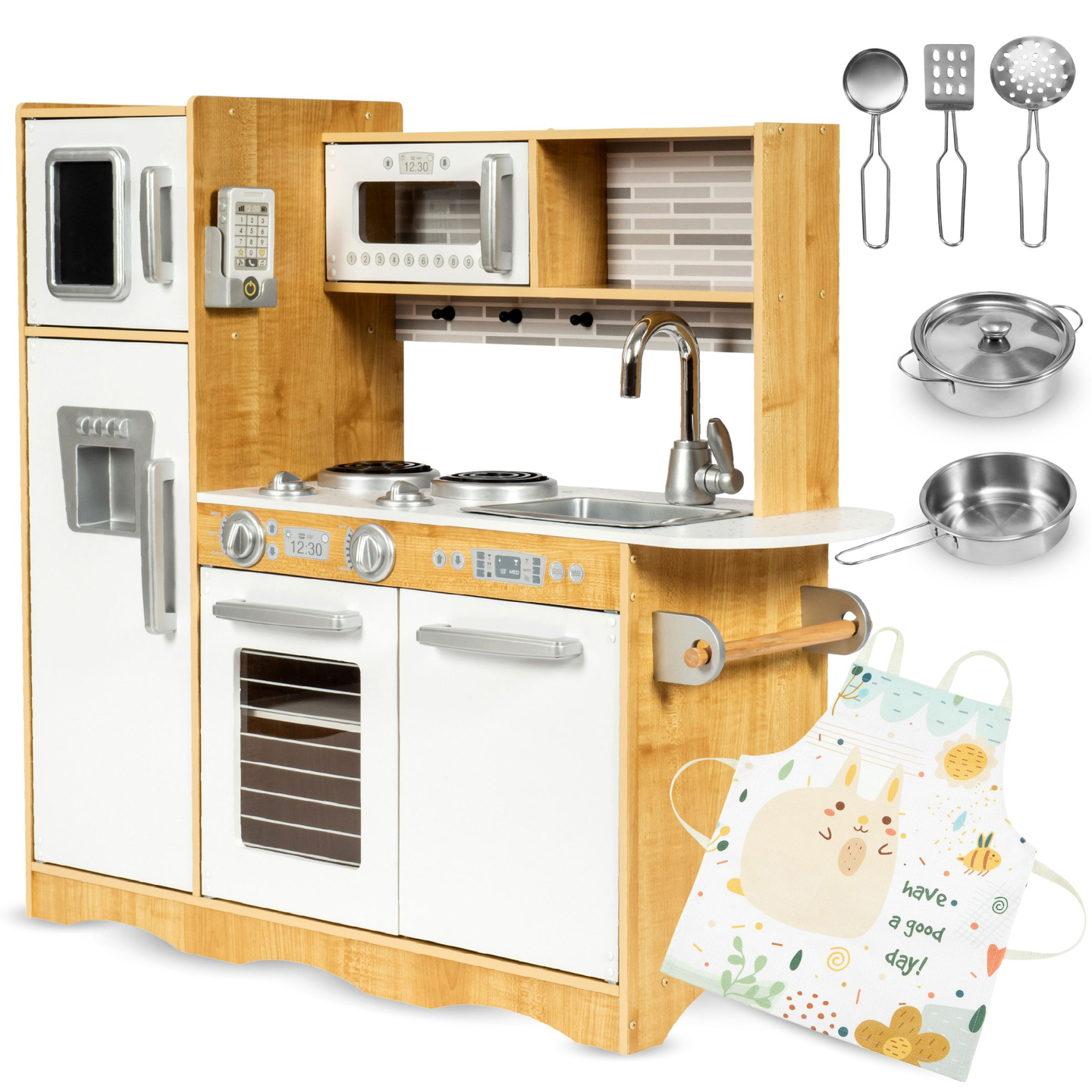 Cucina in legno XXL con illuminazione a LED, grembiule e accessori