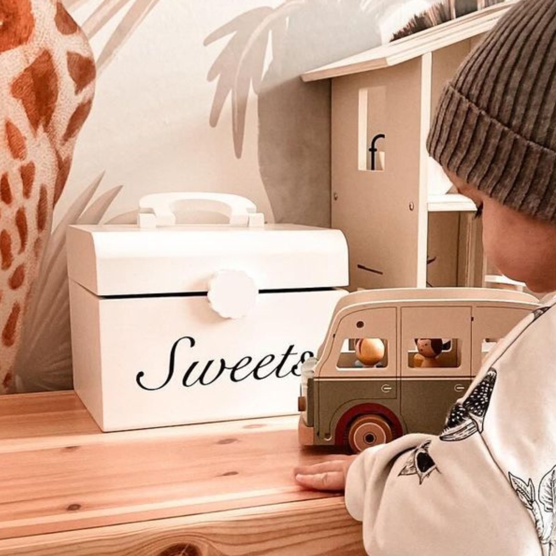 Scatola per caramelle da taglio in legno, negozio di dolci