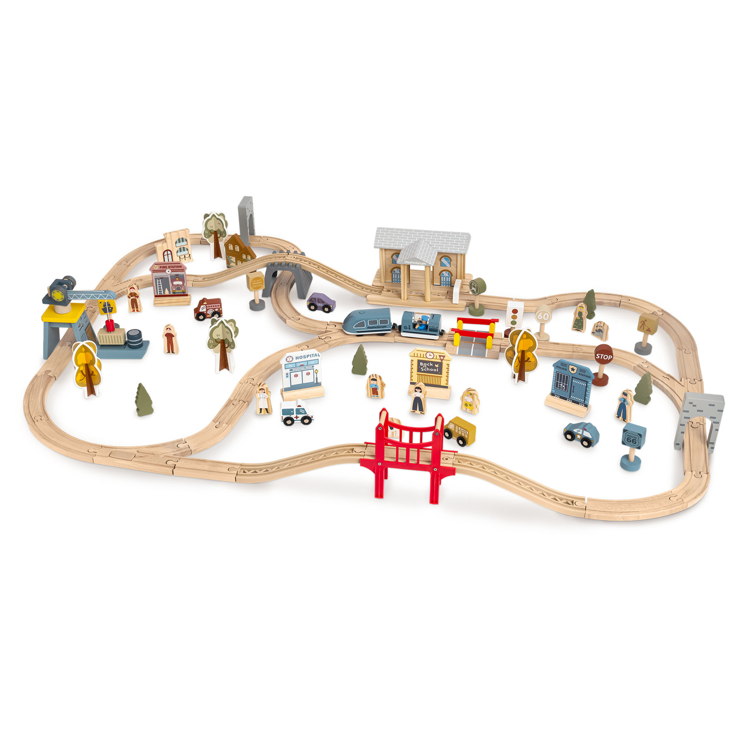 Ferrovia urbana in legno con treno elettrico - gru mobile, nave, ponti