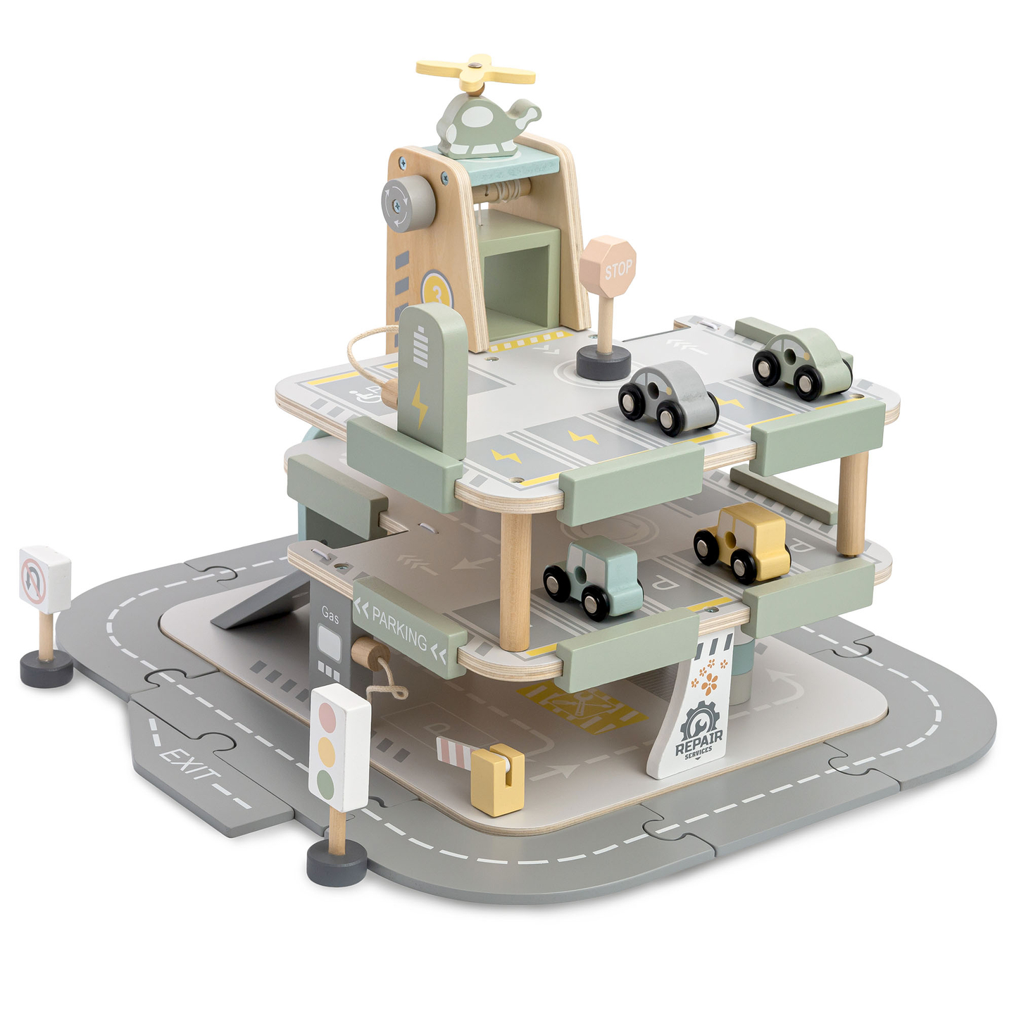 Garage in legno a tre piani per bambini con accessori: parcheggio, stazione di servizio, autolavaggio, elicottero