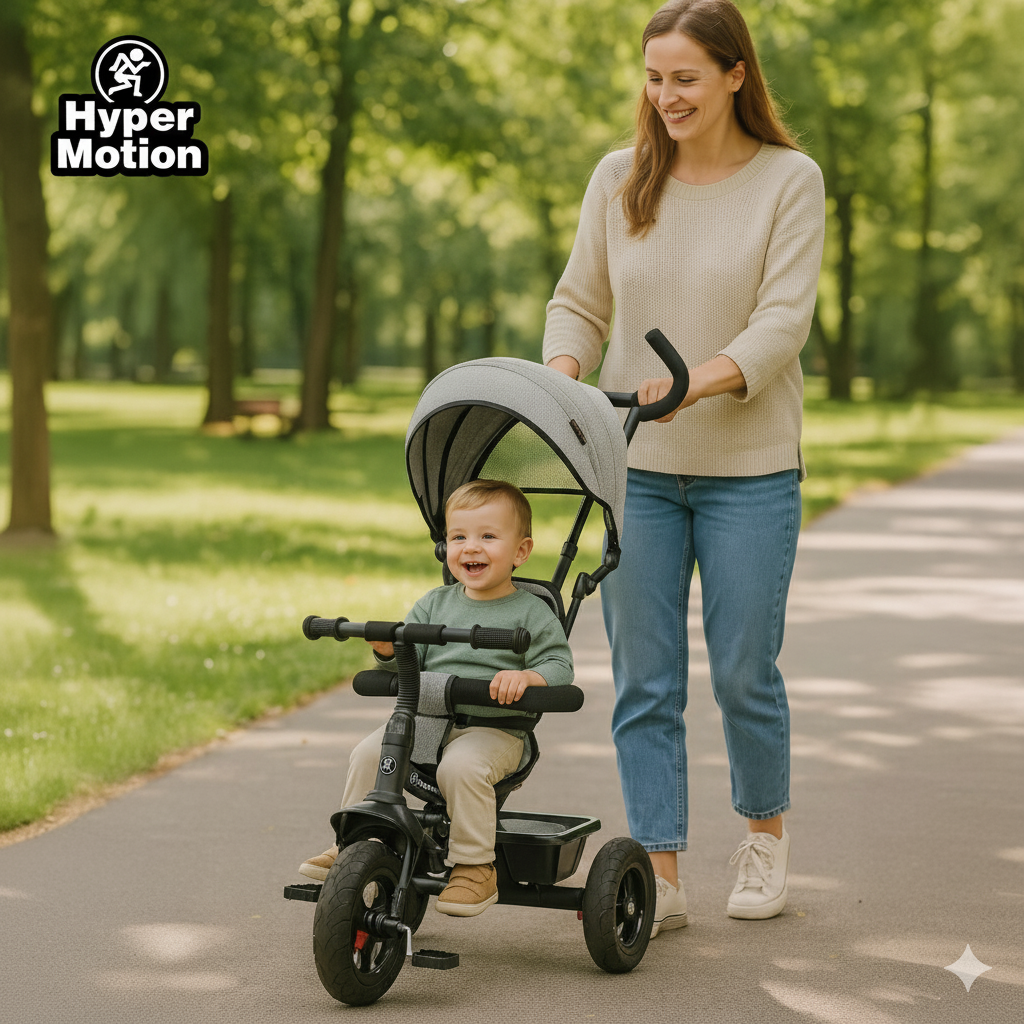 Triciclo per bambini 1-4 anni - TOBI FREY - colore grigio - girevole - ruote pompate + spingitore