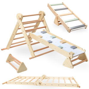 Parco giochi per bambini in legno fatto in casa - scala + parete di arrampicata + trave di equilibrio - triangolo di Pikler