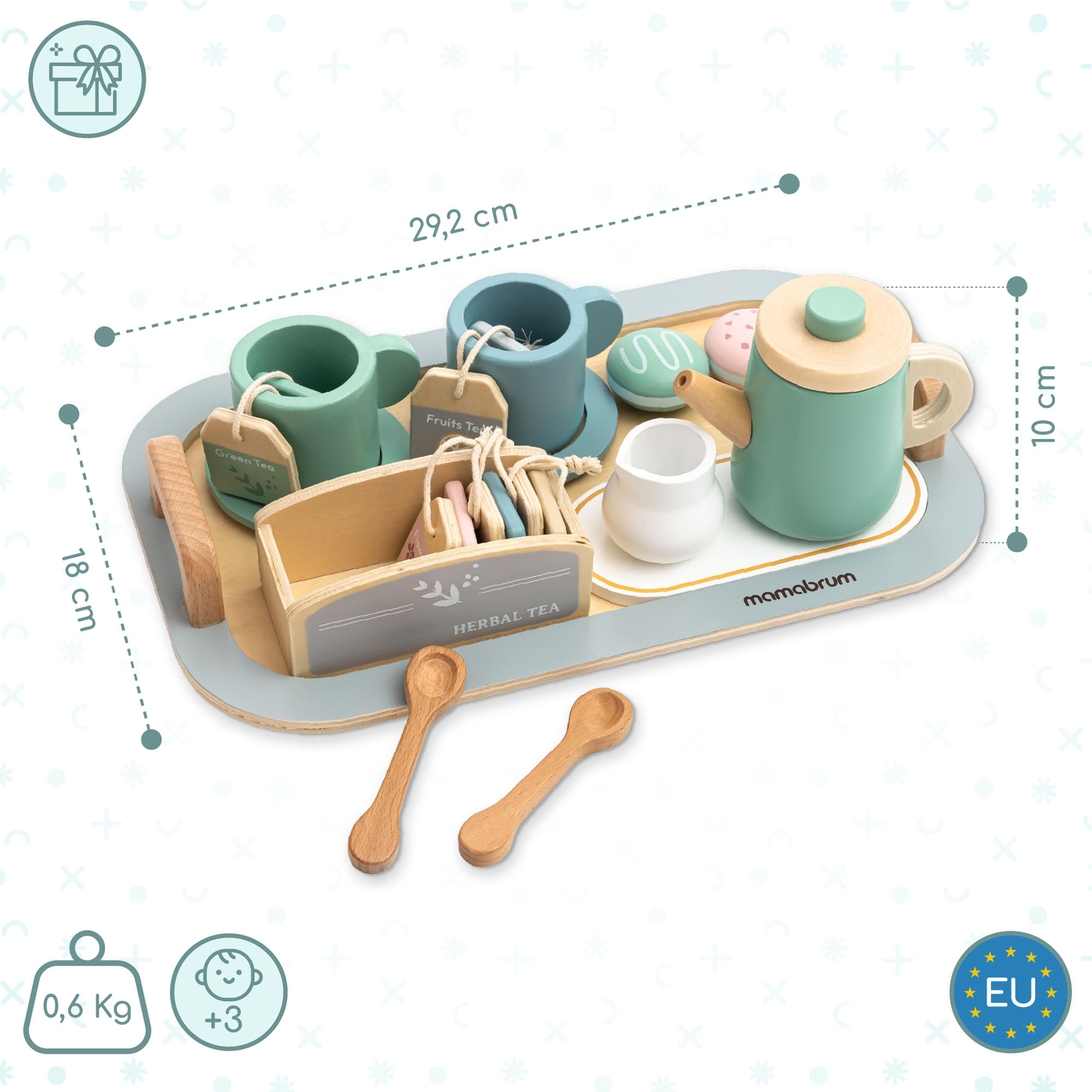 Grande set da tè in legno con vassoio - 18 articoli