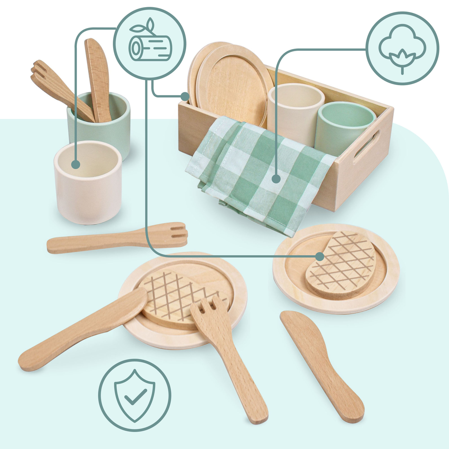 Set da pranzo per bambini in legno con tovagliette verdi