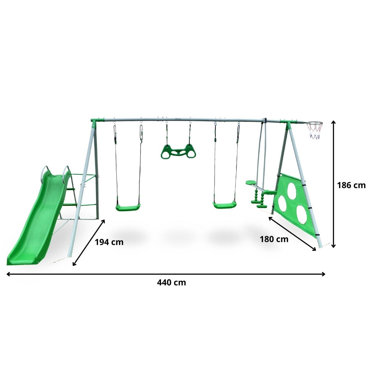 Parco giochi da giardino XXXL per bambini con altalene, scivolo, trapezio ginnico, canestro da basket e porta da calcio