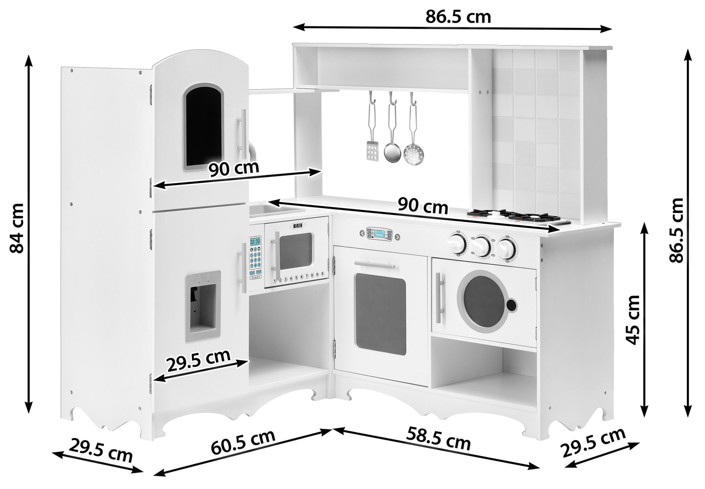 Cucina ad angolo in legno XXXL con frigorifero, forno, lavatrice, grembiule e accessori
