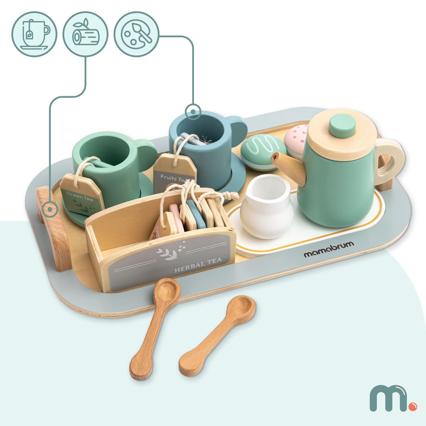 Grande set da tè in legno con vassoio - 18 articoli