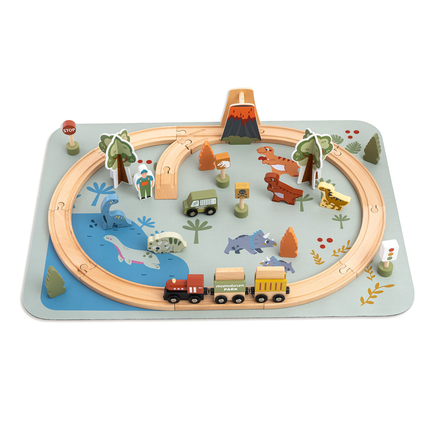 Trenino in legno Dino Park con tappetino antiscivolo - dinosauri, treno, binari, vulcano, campana