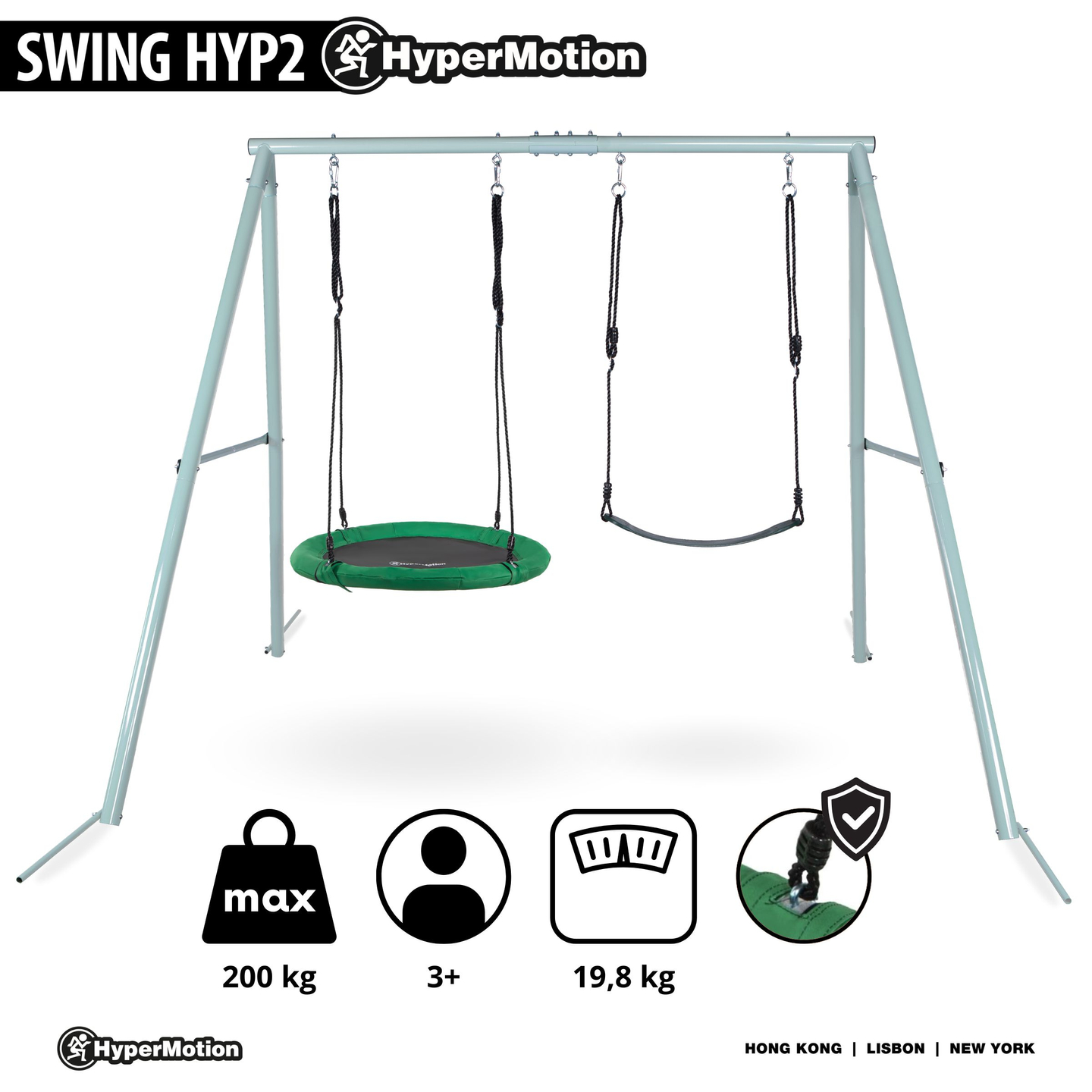 Altalena da giardino doppia con telaio e corde - seduta e nido di cicogna