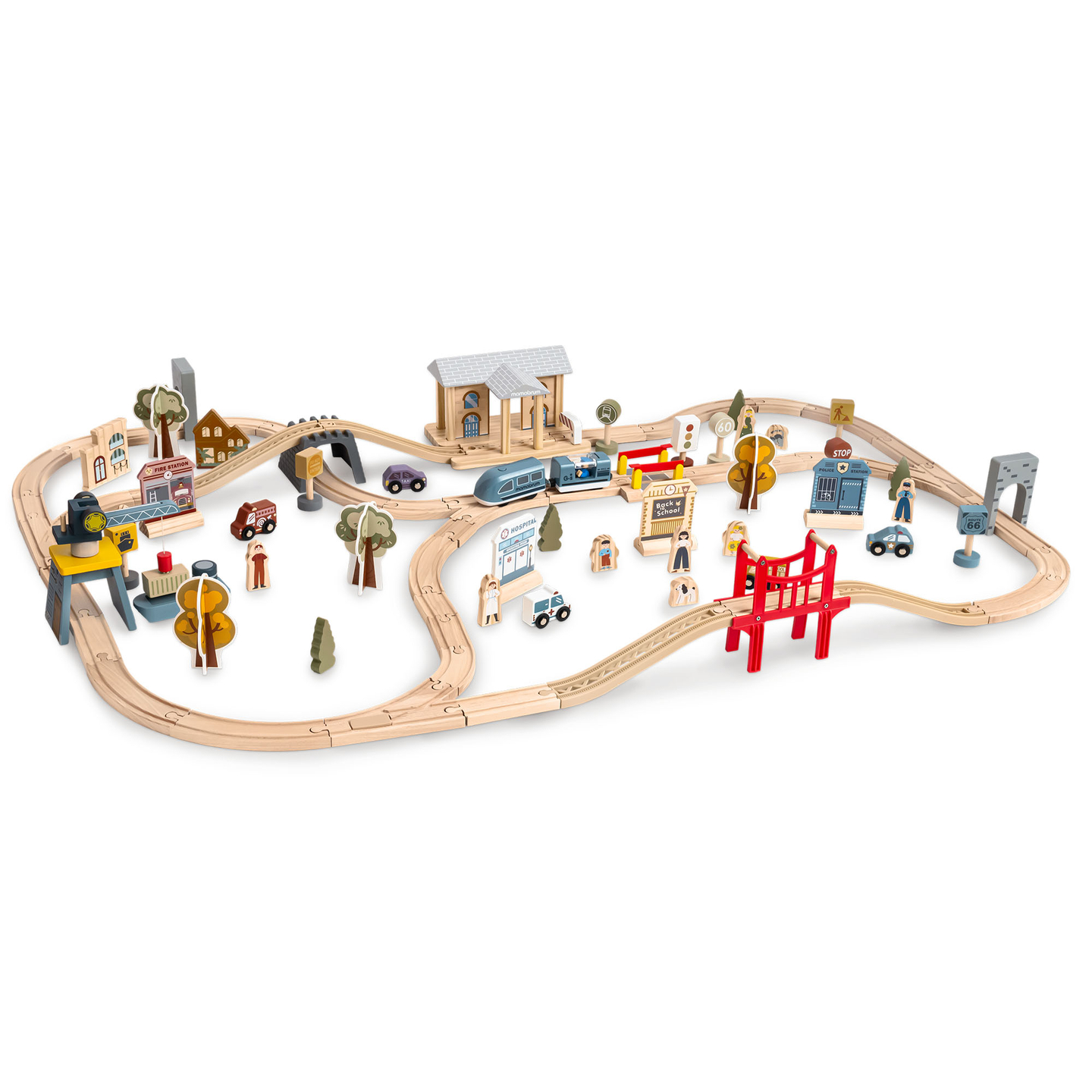 Ferrovia urbana in legno con treno elettrico - gru mobile, nave, ponti