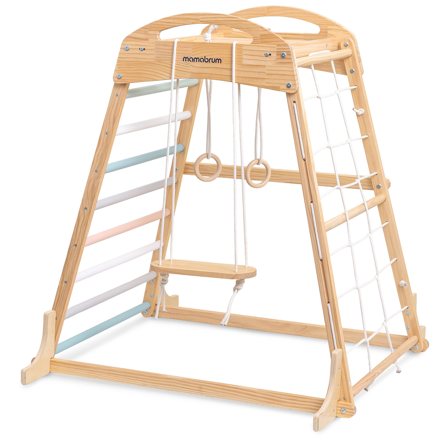 Parco giochi in legno al coperto con altalena, anelli da ginnastica e rete da arrampicata