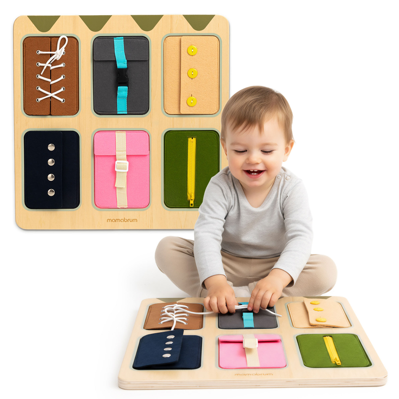 Tavola manipolativa Montessori in legno – Apprendimento sensoriale dell&#39;indipendenza - lacci, fibbie, bottoni, automatici, cerniera