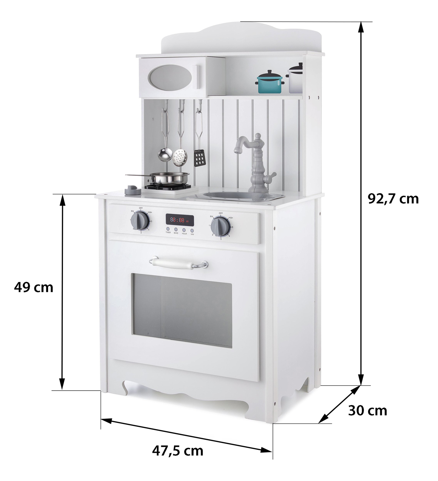 Cucina in legno bianco con grembiule, accessori e lampada LED