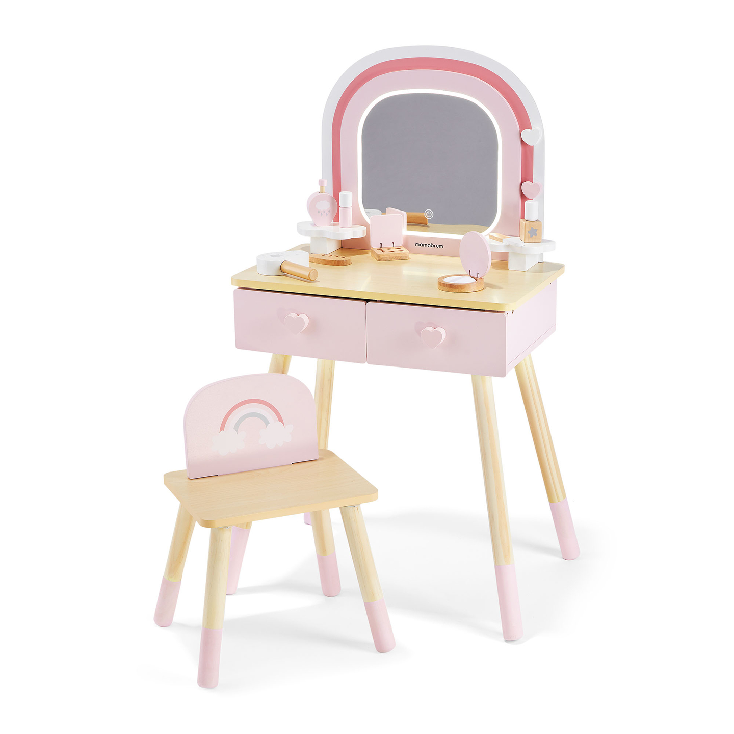 Toeletta in legno per bambini con illuminazione a LED con regolazione continua della luminosità, sedia e accessori