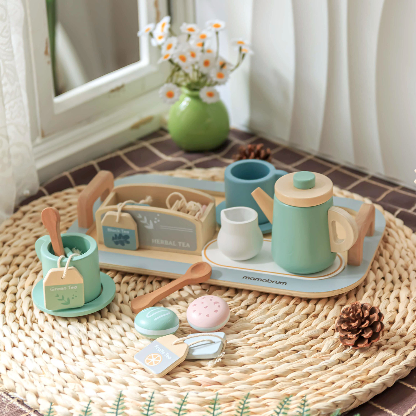 Grande set da tè in legno con vassoio - 18 articoli