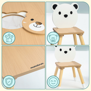 Tavolo in legno con contenitore e 2 sedie Set per bambini - Orsetto di peluche carino