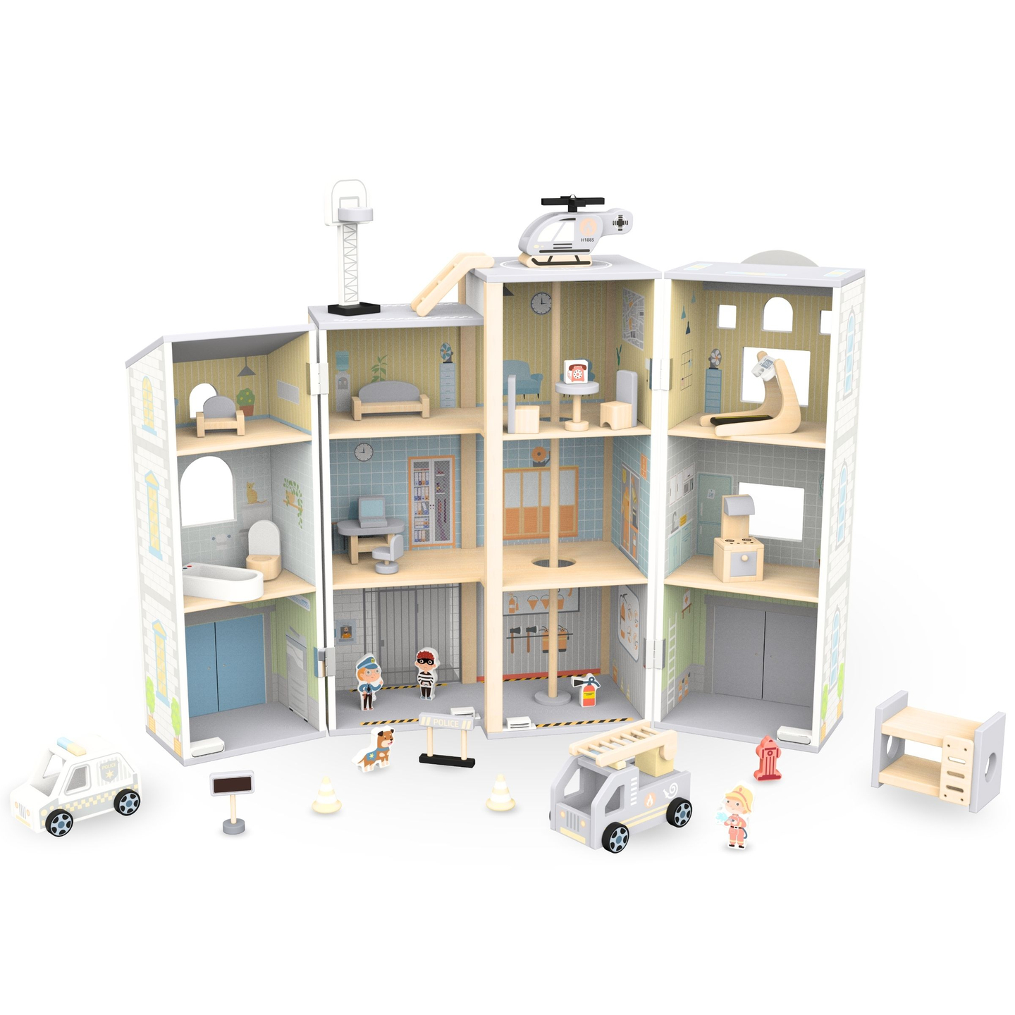 Grande stazione dei pompieri pieghevole con stazione di polizia - set in legno. Stazione dei pompieri e stazione di polizia con accessori.