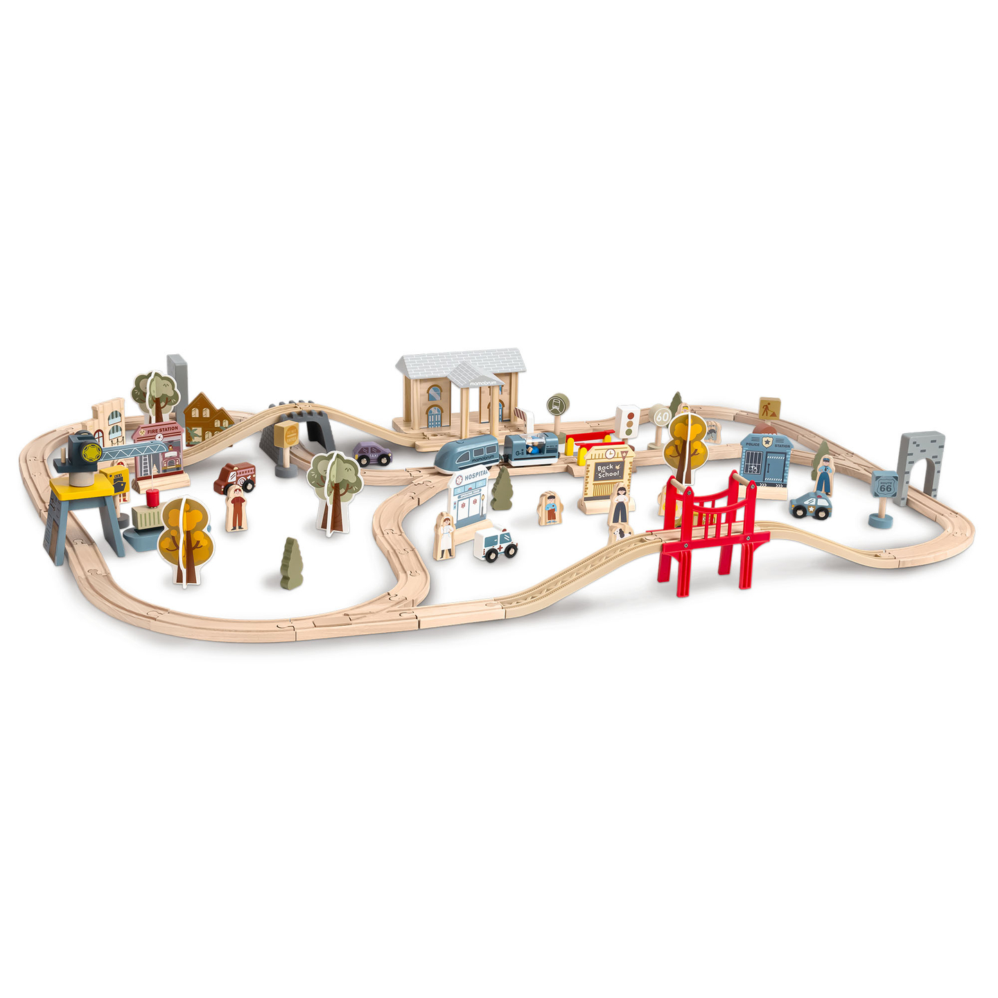 Ferrovia urbana in legno con treno elettrico - gru mobile, nave, ponti