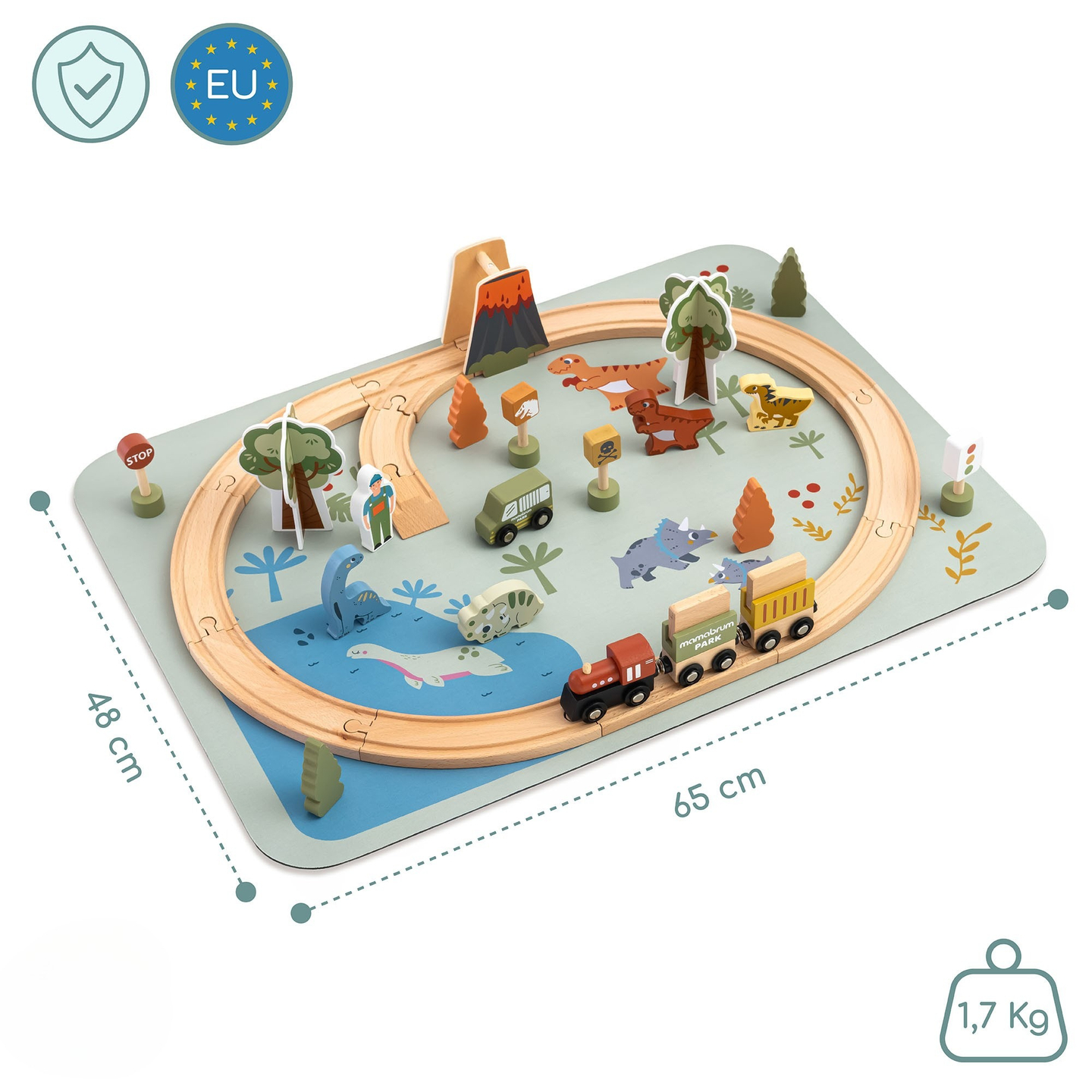 Trenino in legno Dino Park con tappetino antiscivolo - dinosauri, treno, binari, vulcano, campana