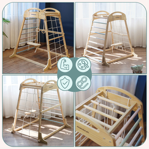 Parco giochi in legno al coperto con altalena, anelli da ginnastica e rete da arrampicata