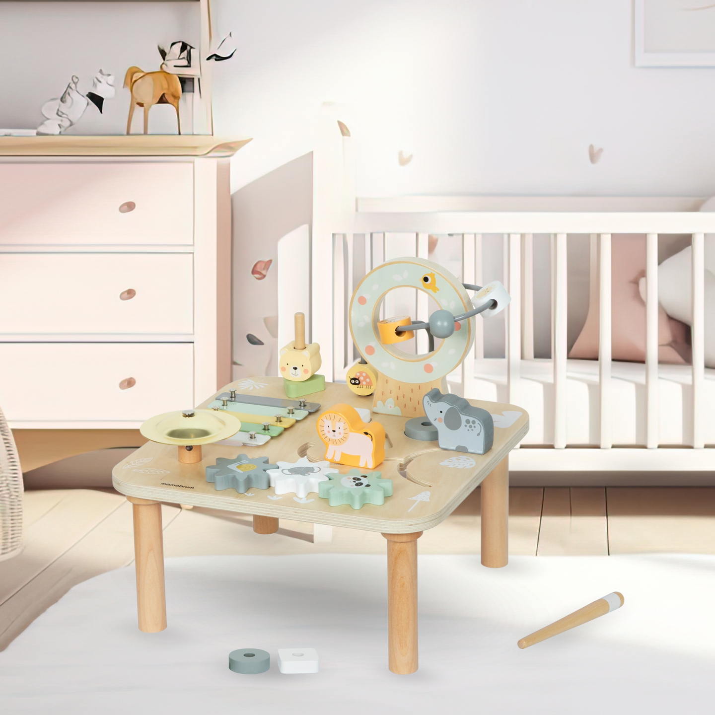 Tavolo musicale educativo 7 in 1 in legno con piatti e gong - giungla selvaggia