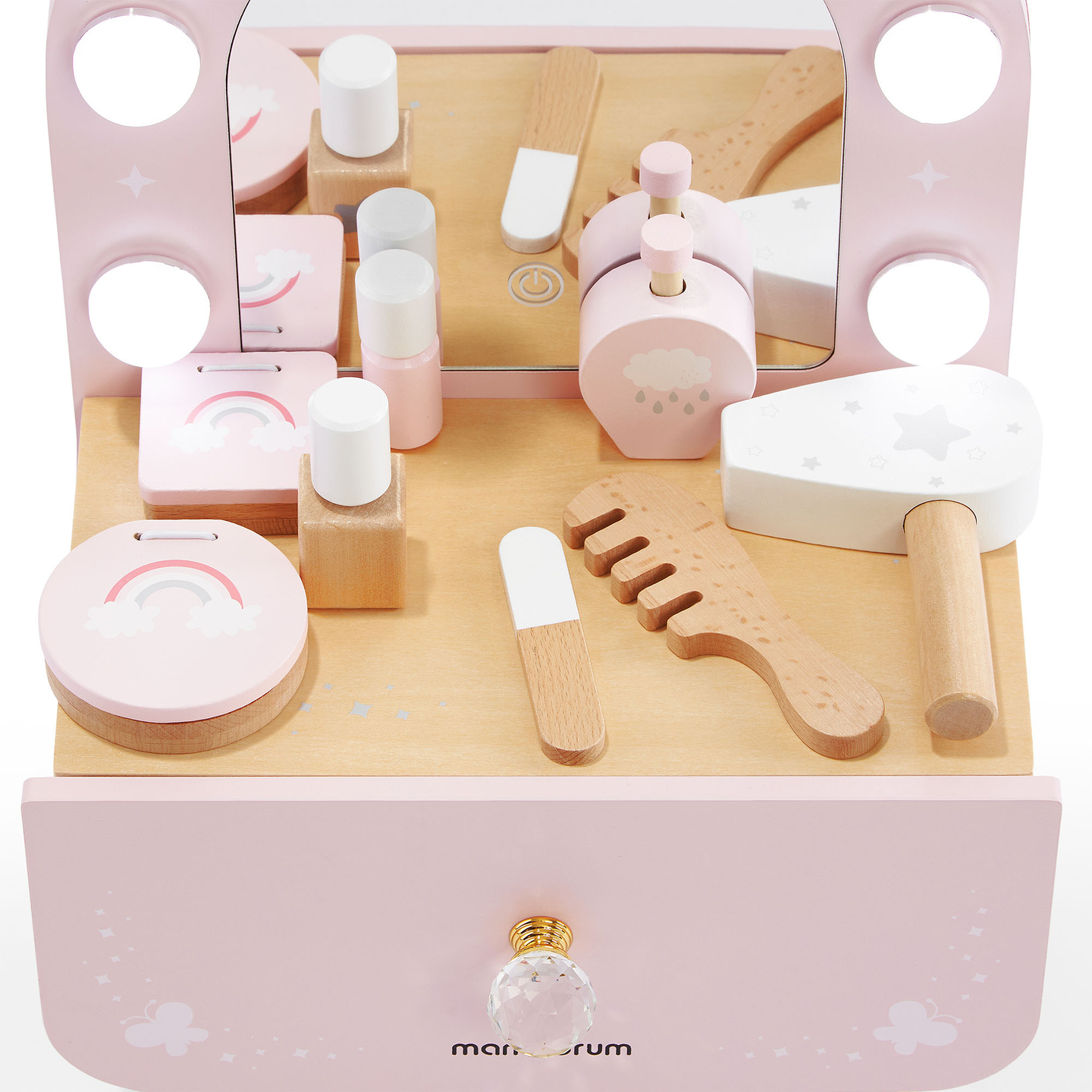 Mini toletta in legno per bambini con accessori e illuminazione a LED con regolazione continua della luminosità