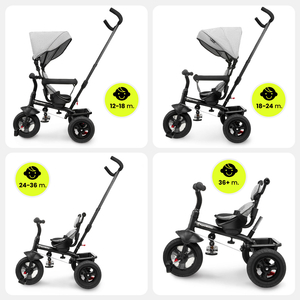 Triciclo per bambini 1-4 anni - TOBI FREY - colore grigio - girevole - ruote pompate + spingitore