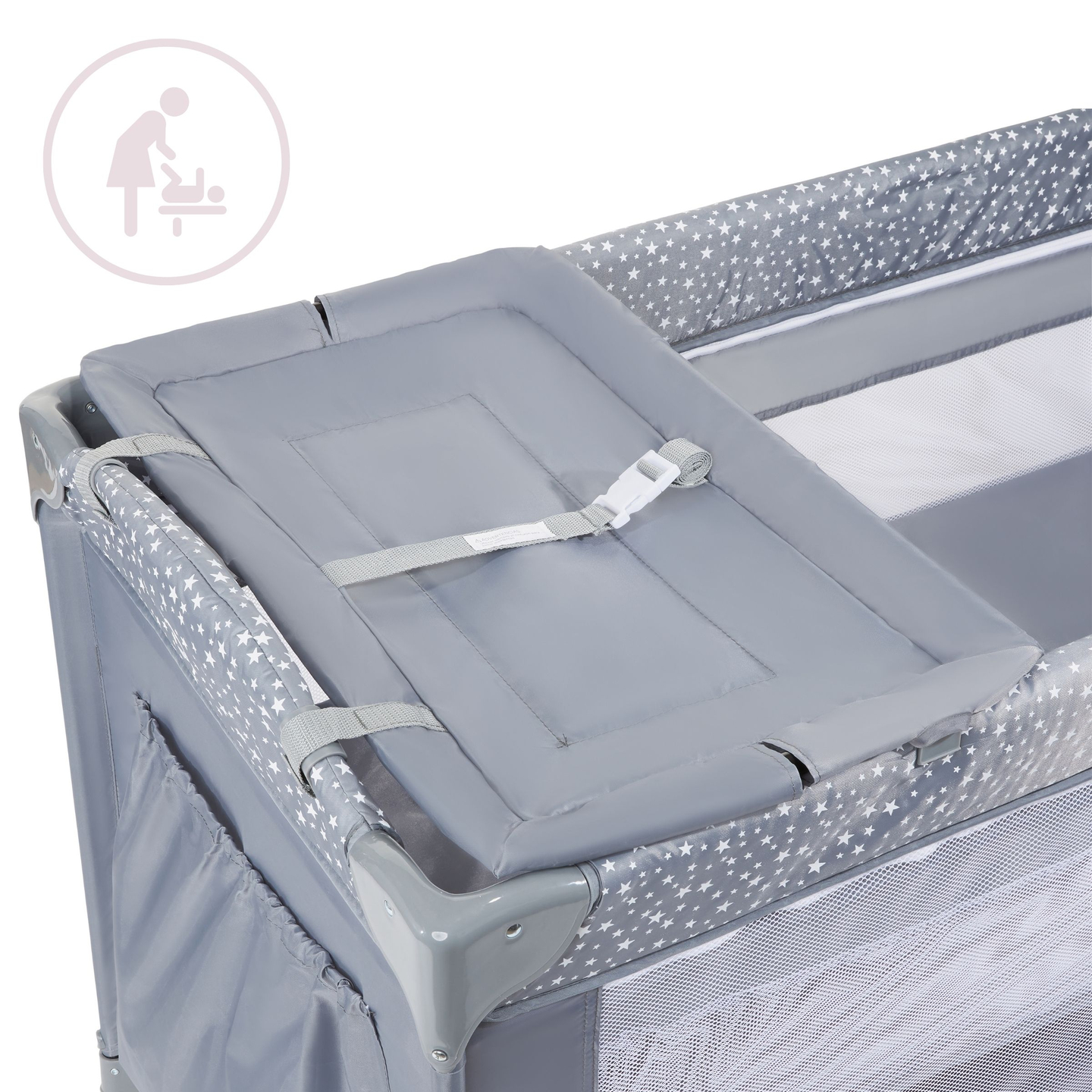 Lettino da viaggio/box 2 livelli con fasciatoio, tettoia e materasso Happy Traveller BASIC PLUS - grigio