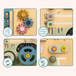 Tavola Montessori in legno 2 in 1 Cockpit per piccoli conducenti e piloti: volante, cambio, mappe di viaggio, radar