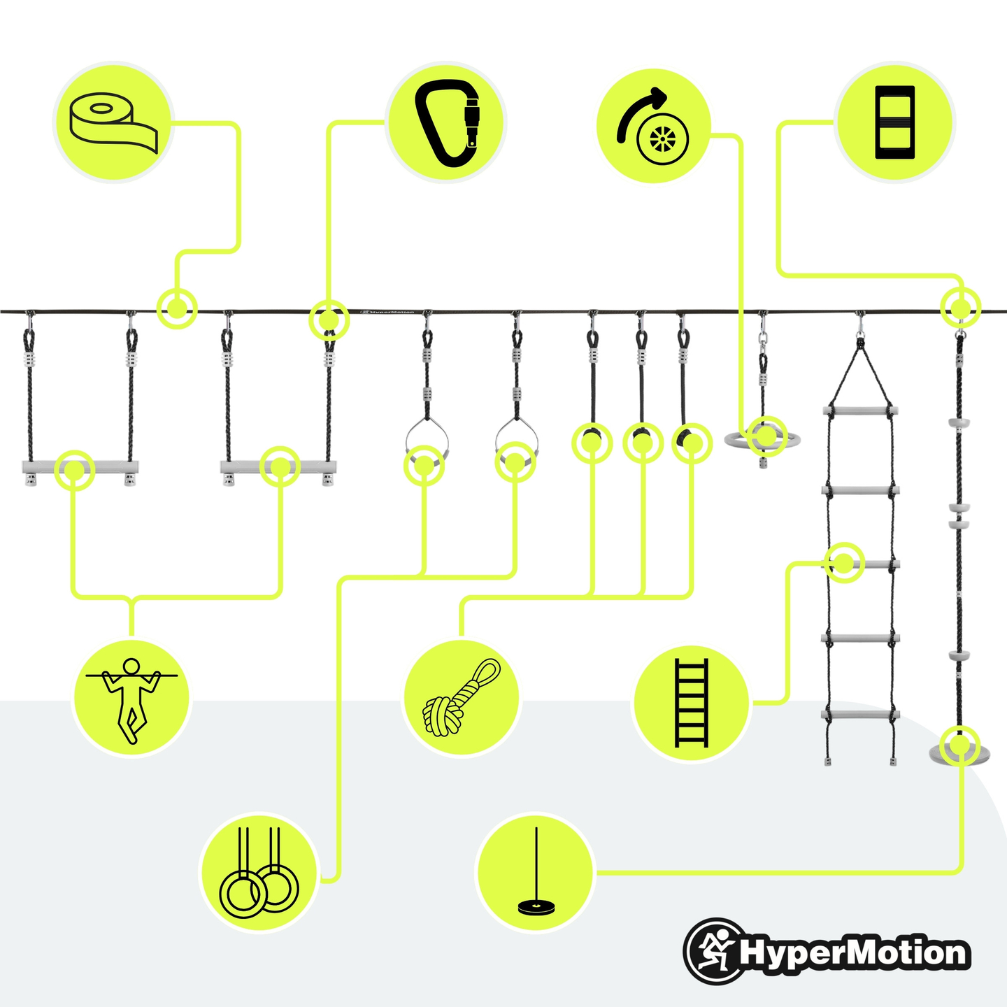 Percorso ad ostacoli Ninja per bambini - Set di slackline HyperMotion - 10 ostacoli