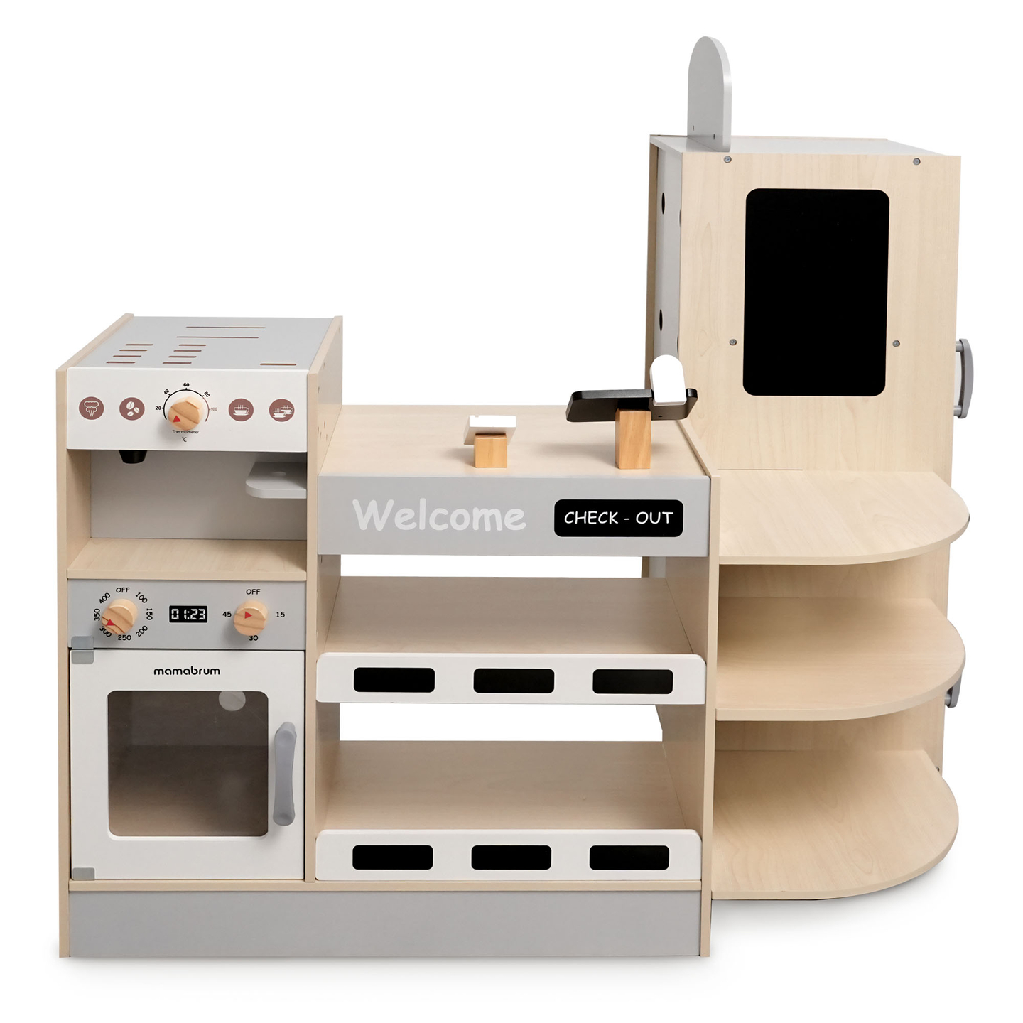 Grande negozio in legno XXXL per bambini con bar fast food - Corner shop + Macchina del caffè + Forno + Frigorifero - 106 ac.