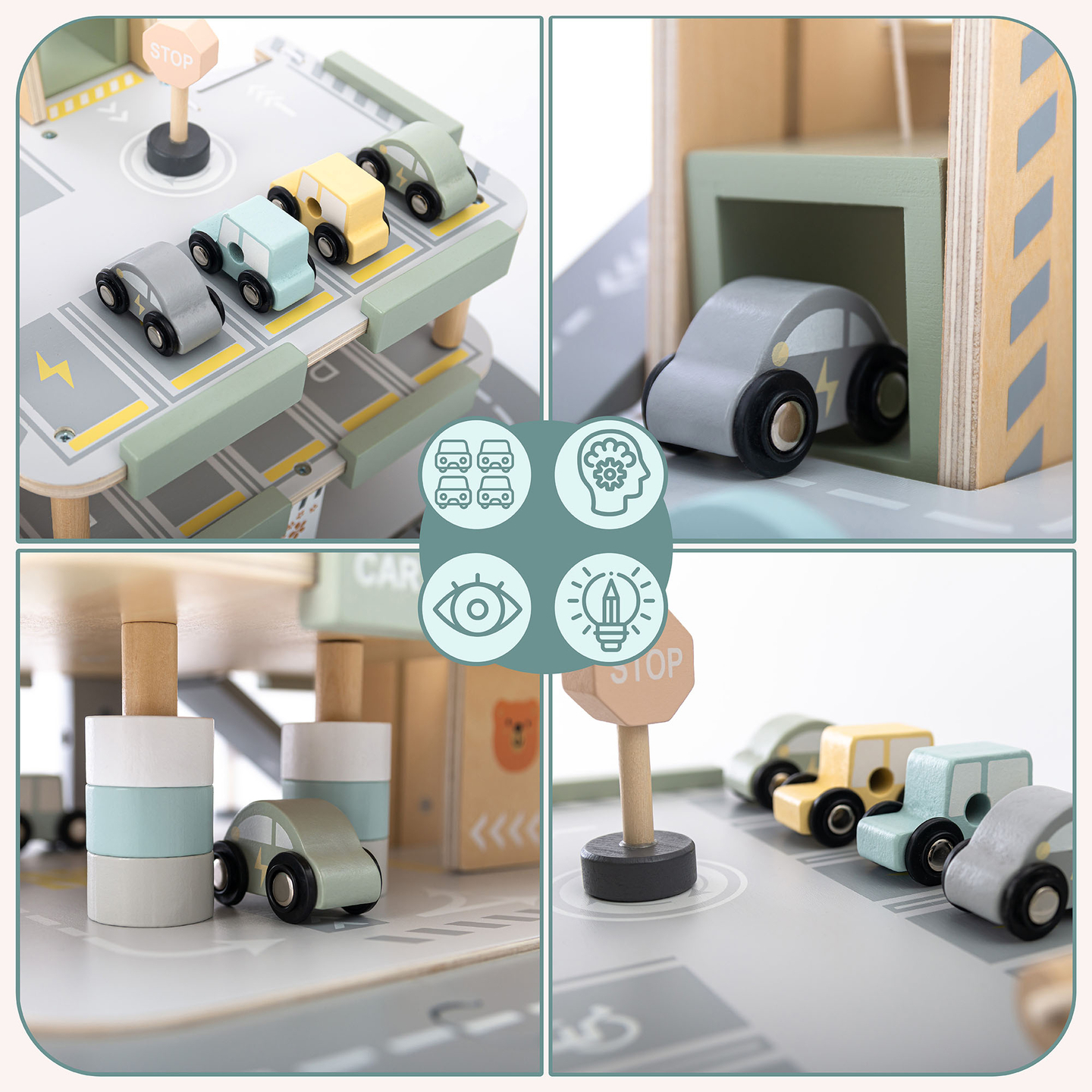 Garage in legno a tre piani per bambini con accessori: parcheggio, stazione di servizio, autolavaggio, elicottero