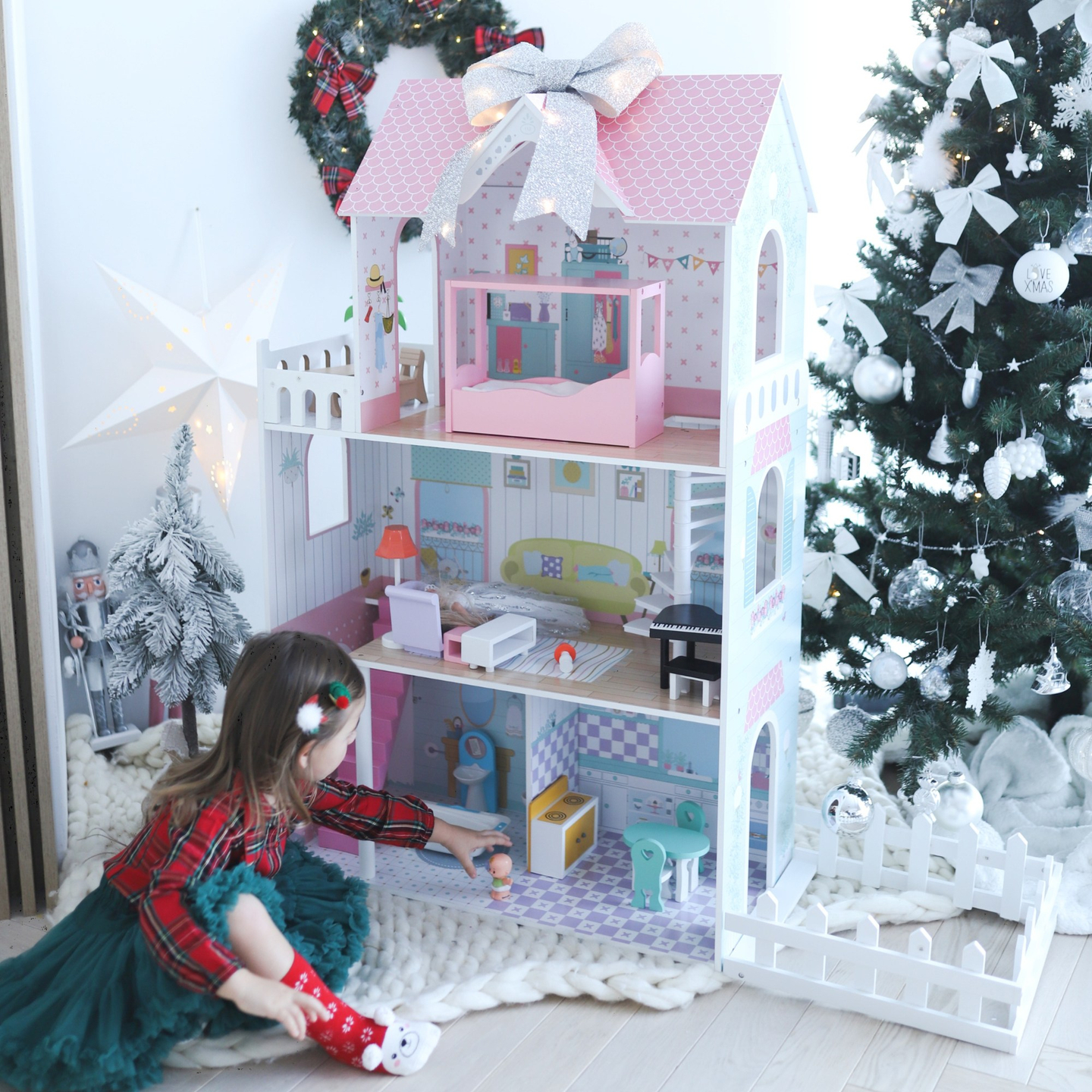 XXL La più grande casa delle bambole in legno - 123 cm - illuminata a LED - terrazza, accessori, giardino