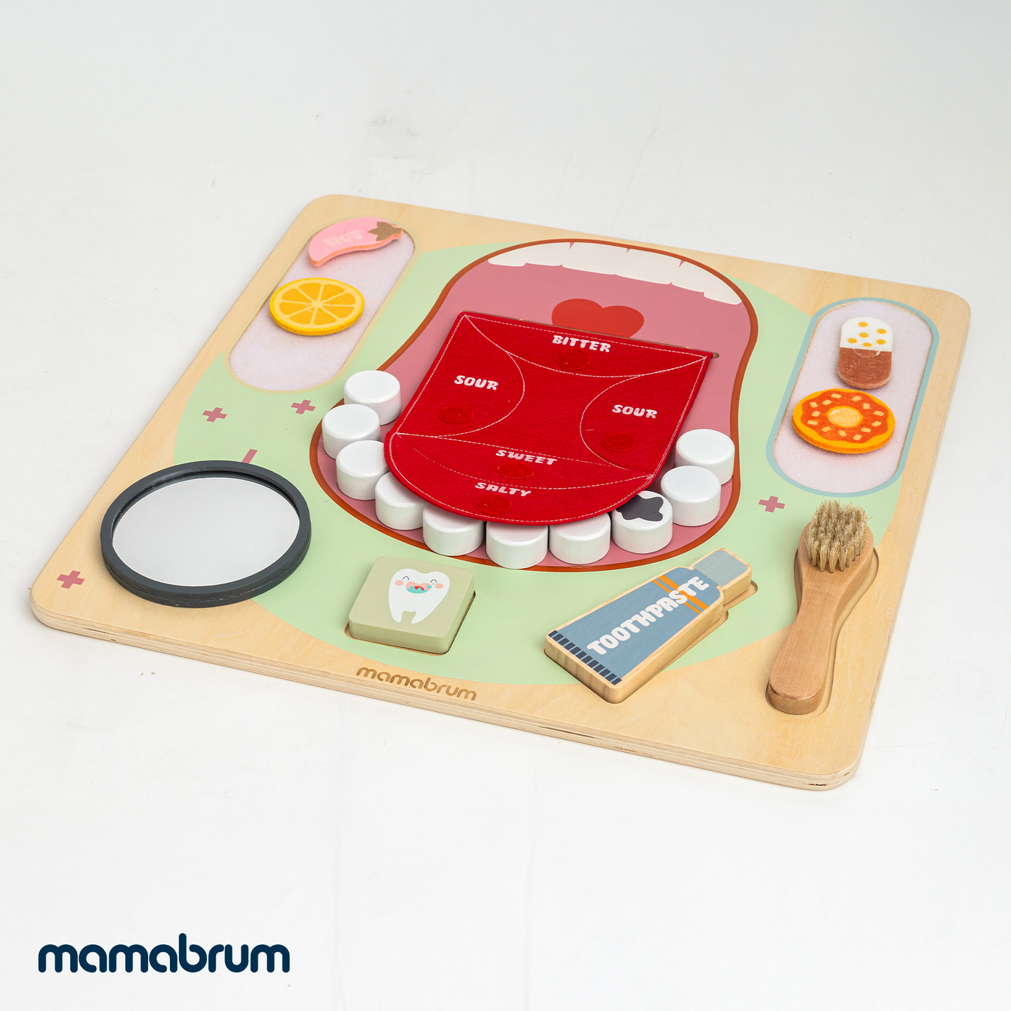 Tavola didattica Montessori in legno Piccolo Dentista - spazzolino da denti, dentifricio, denti rimovibili, specchio, cibo, apprendimento dei sapori