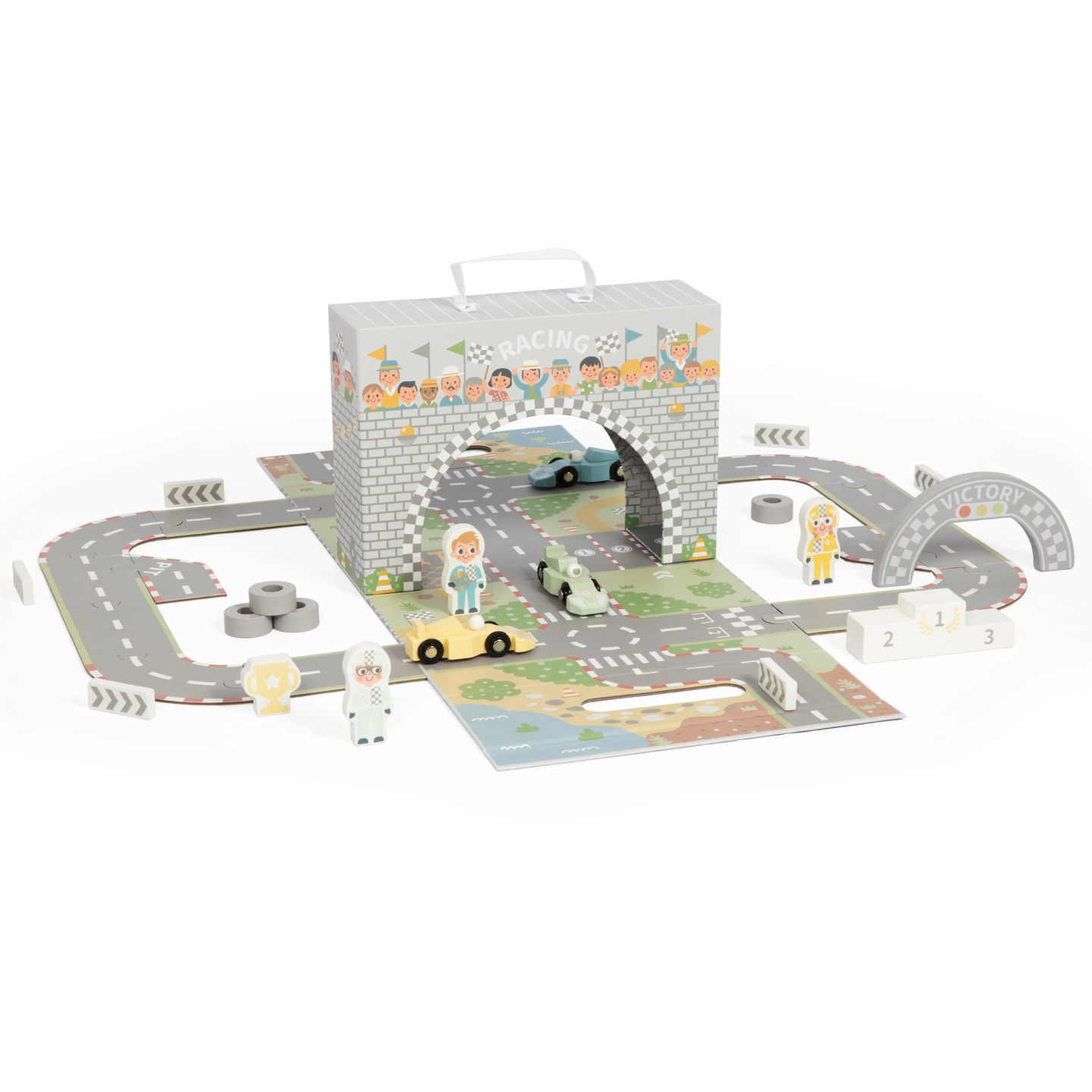 Valigia magnetica con pista, veicoli in legno e accessori stradali