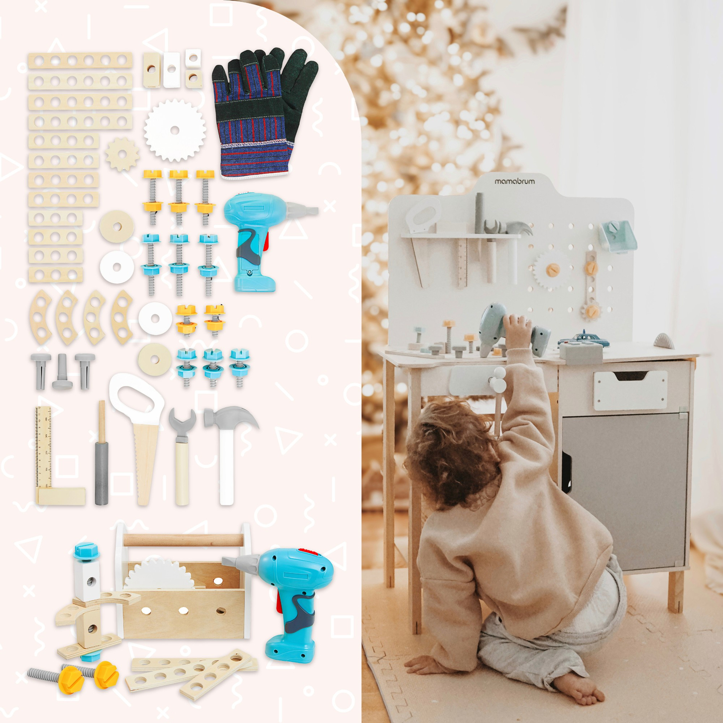 XXL Grande officina in legno con attrezzi - set per il bricolage, 74 elementi