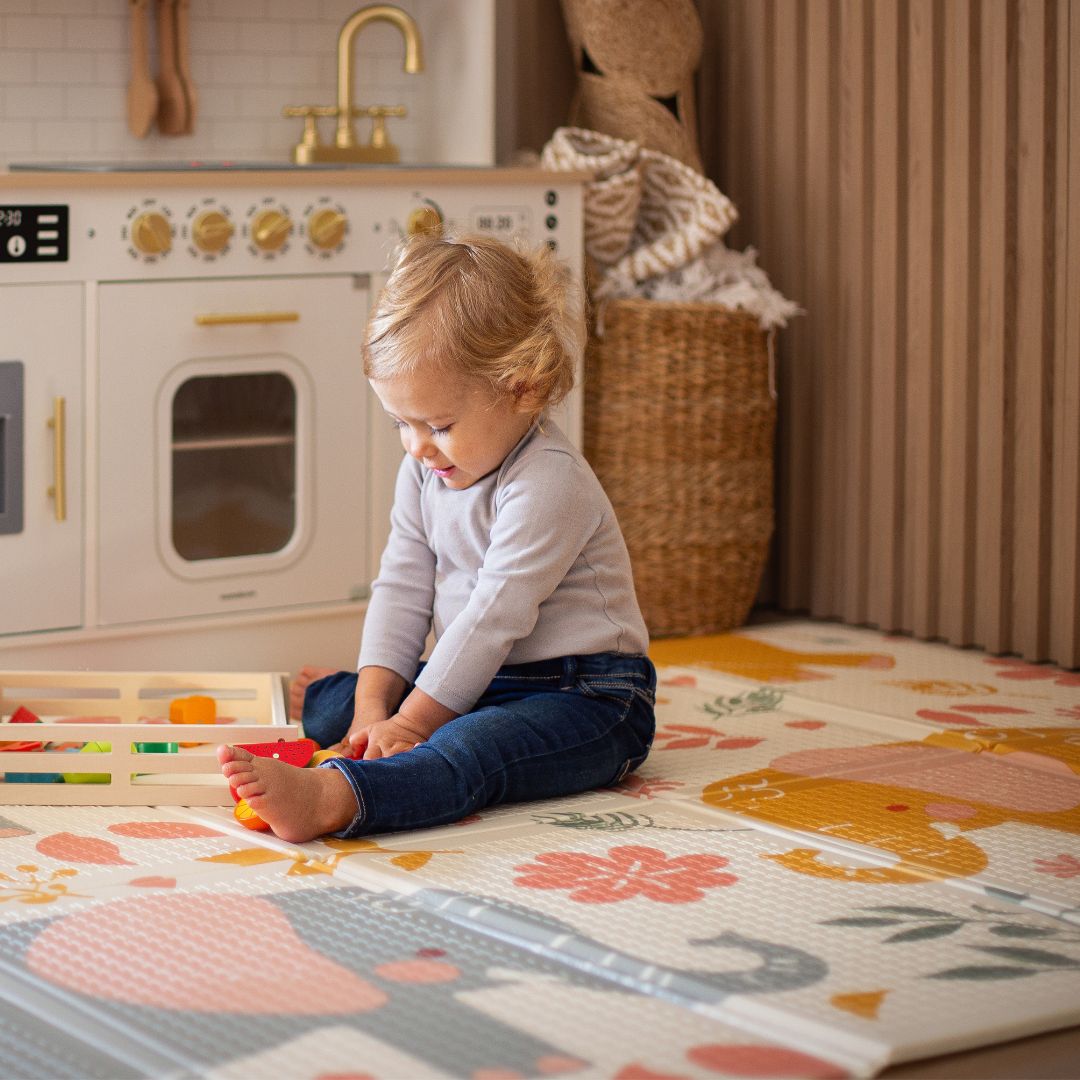 Tappetino pieghevole bifacciale in schiuma 180 x 120 x 1 cm - Elefanti esotici/Grigio delicato