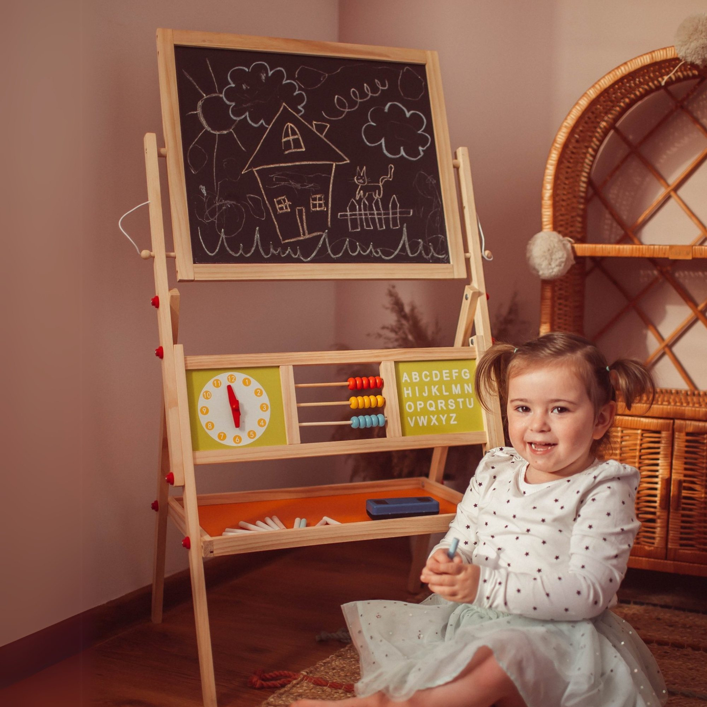 Grande lavagna didattica bifacciale: magnetica e con gesso - lavagna cancellabile a secco, in legno