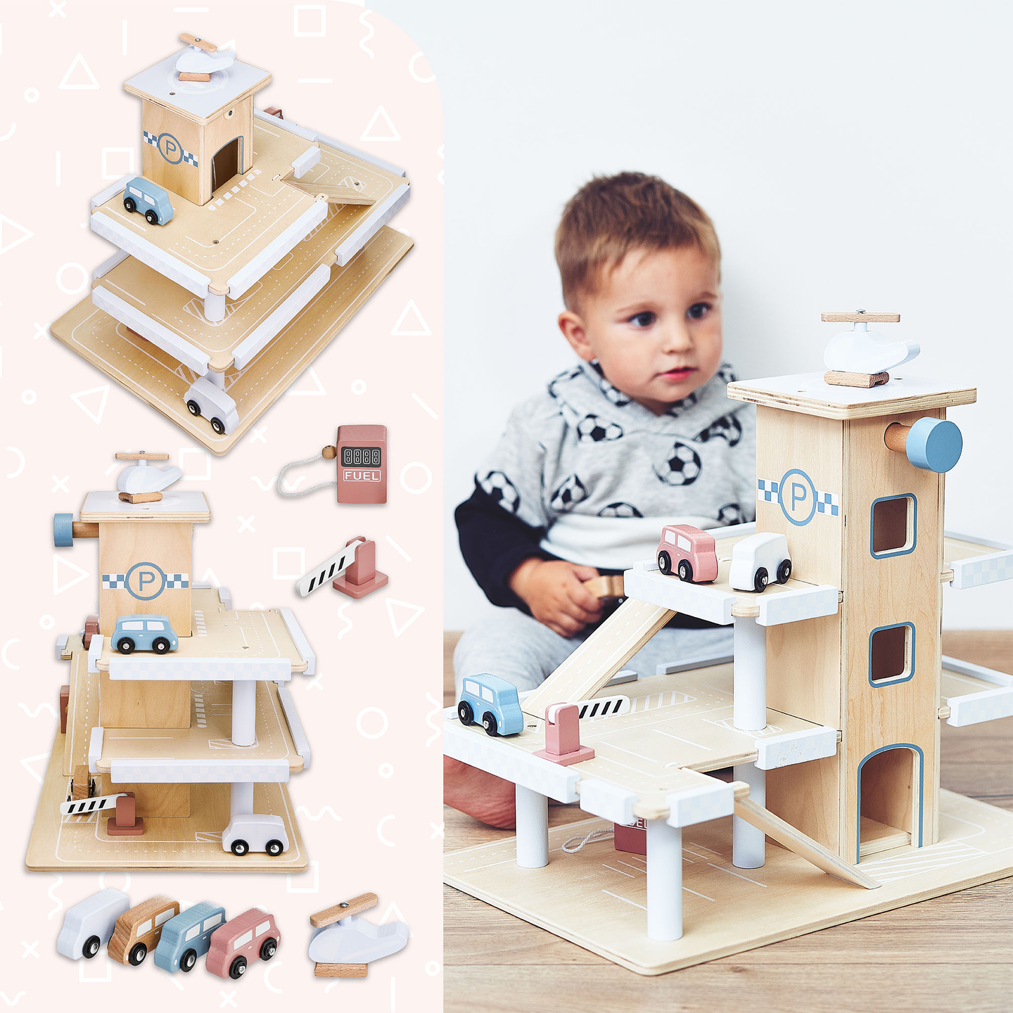 Parcheggio in legno a tre piani con ascensore - garage con auto ed elicottero