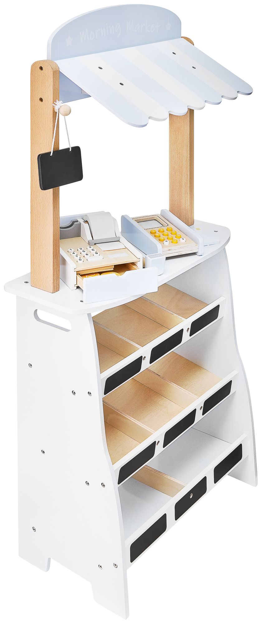 Negozio di verdure - bancarella in legno con casse, registratore di cassa e terminale