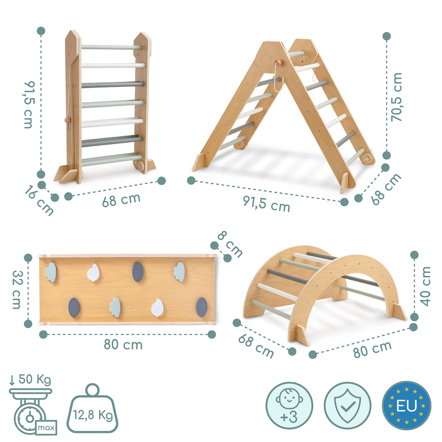 Parco giochi in legno al coperto per bambini: parete da arrampicata, scivolo, arco/dondolo da arrampicata e triangolo di Pikler