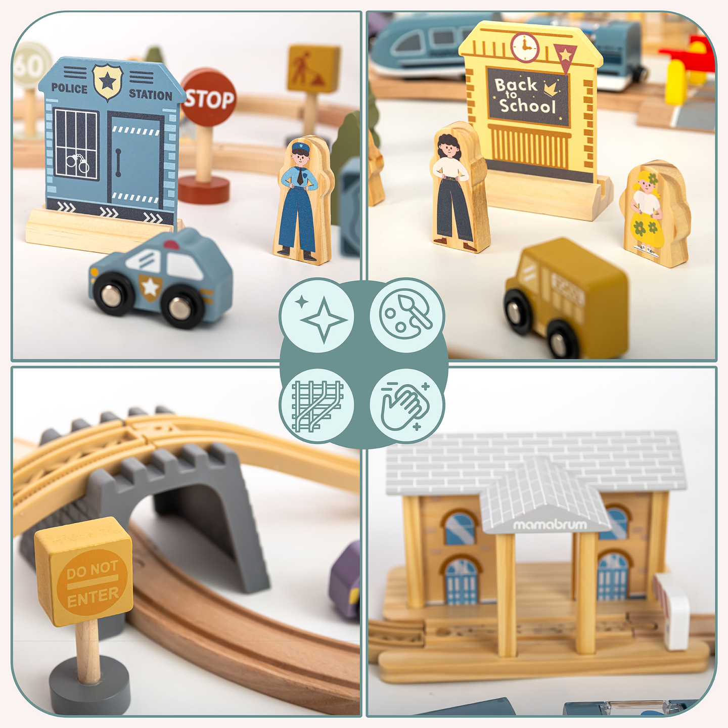 Ferrovia urbana in legno con treno elettrico - gru mobile, nave, ponti