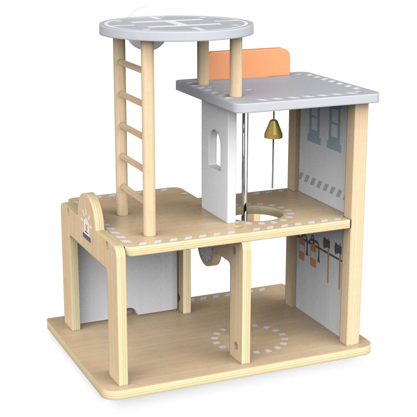 Stazione dei pompieri in legno con accessori, vigili del fuoco