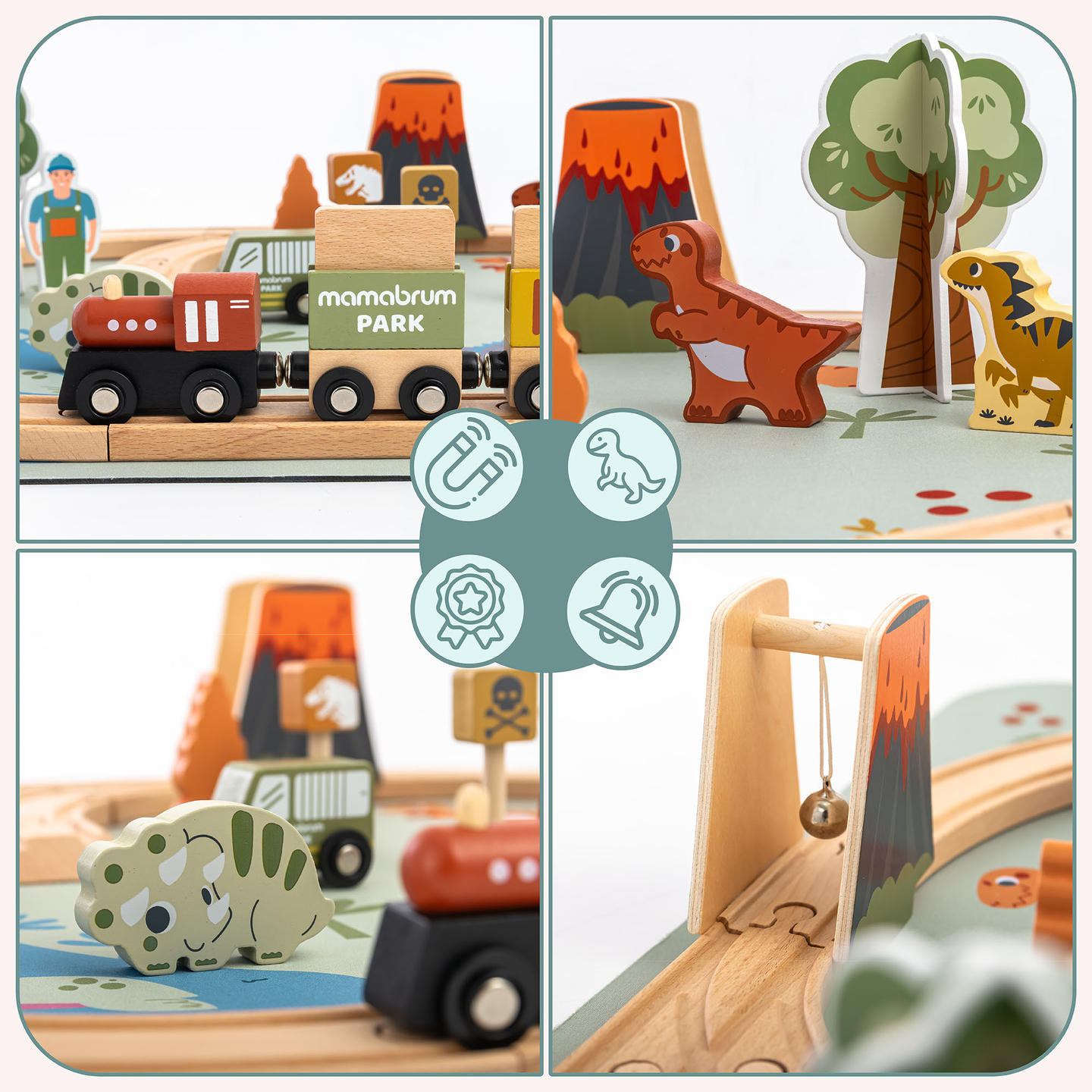 Trenino in legno Dino Park con tappetino antiscivolo - dinosauri, treno, binari, vulcano, campana
