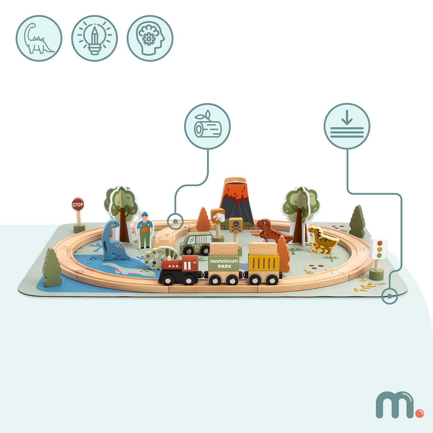 Trenino in legno Dino Park con tappetino antiscivolo - dinosauri, treno, binari, vulcano, campana