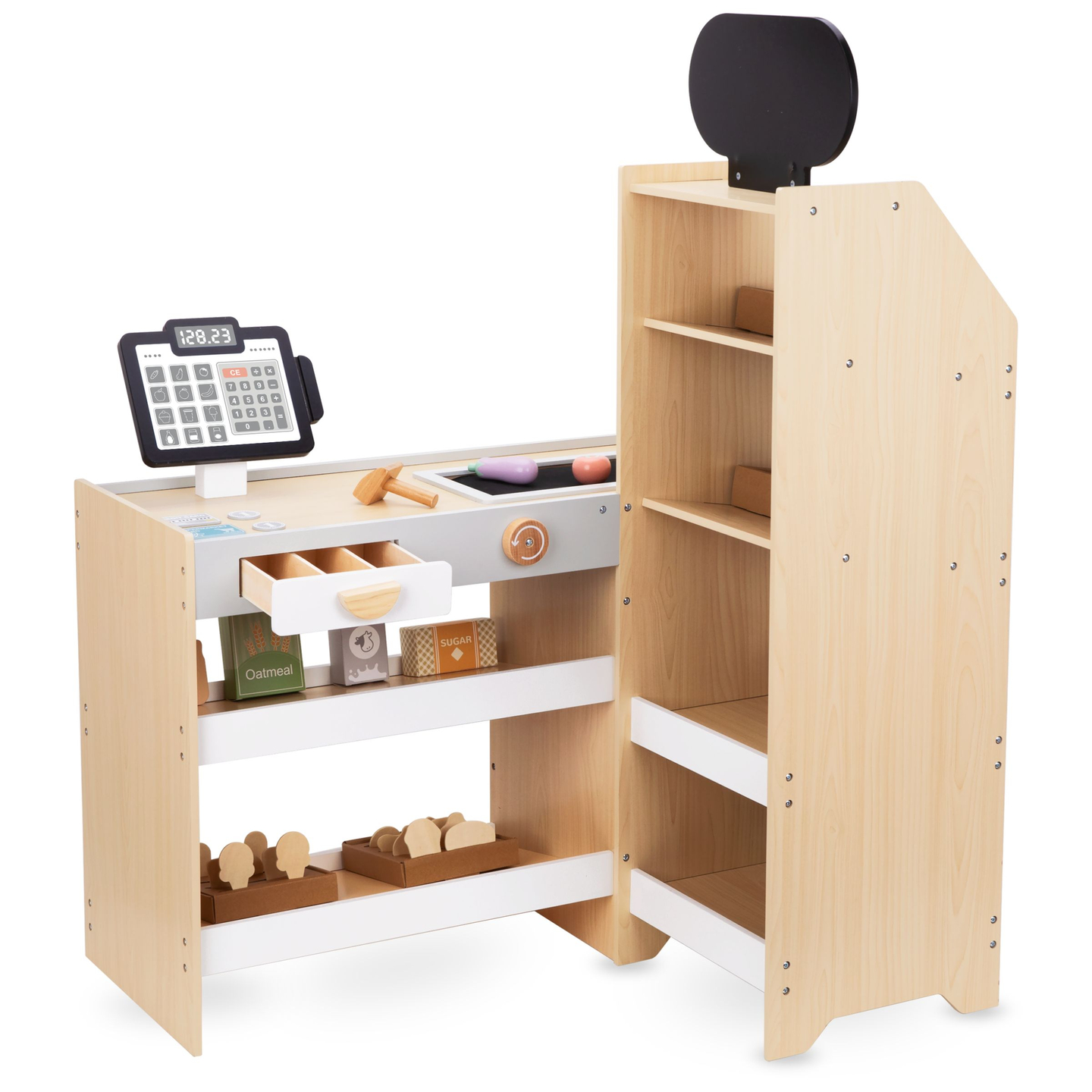 Mercato ortofrutticolo in legno - grande bancarella XXL, negozio con registratore di cassa