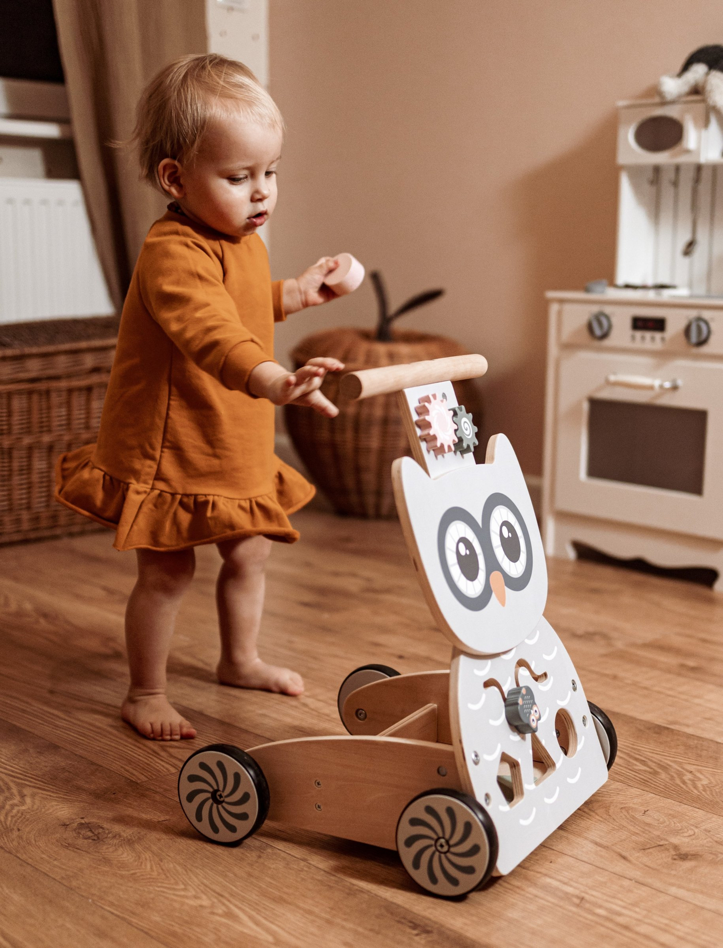 Passeggino multifunzionale in legno - spingi - passeggino con blocchi - Gufo