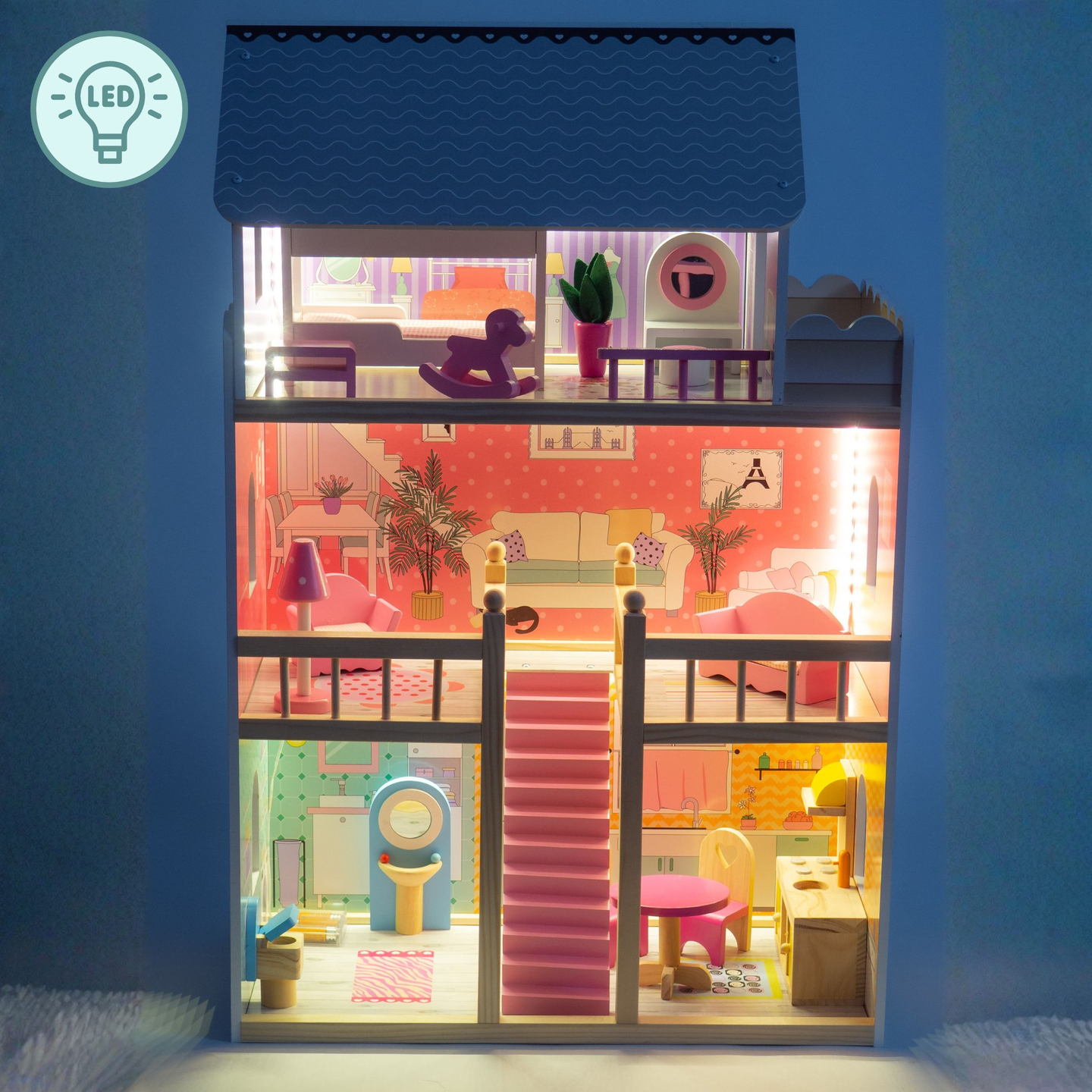 Grande casa delle bambole in legno a 3 piani con terrazza, set di mobili e illuminazione a LED!