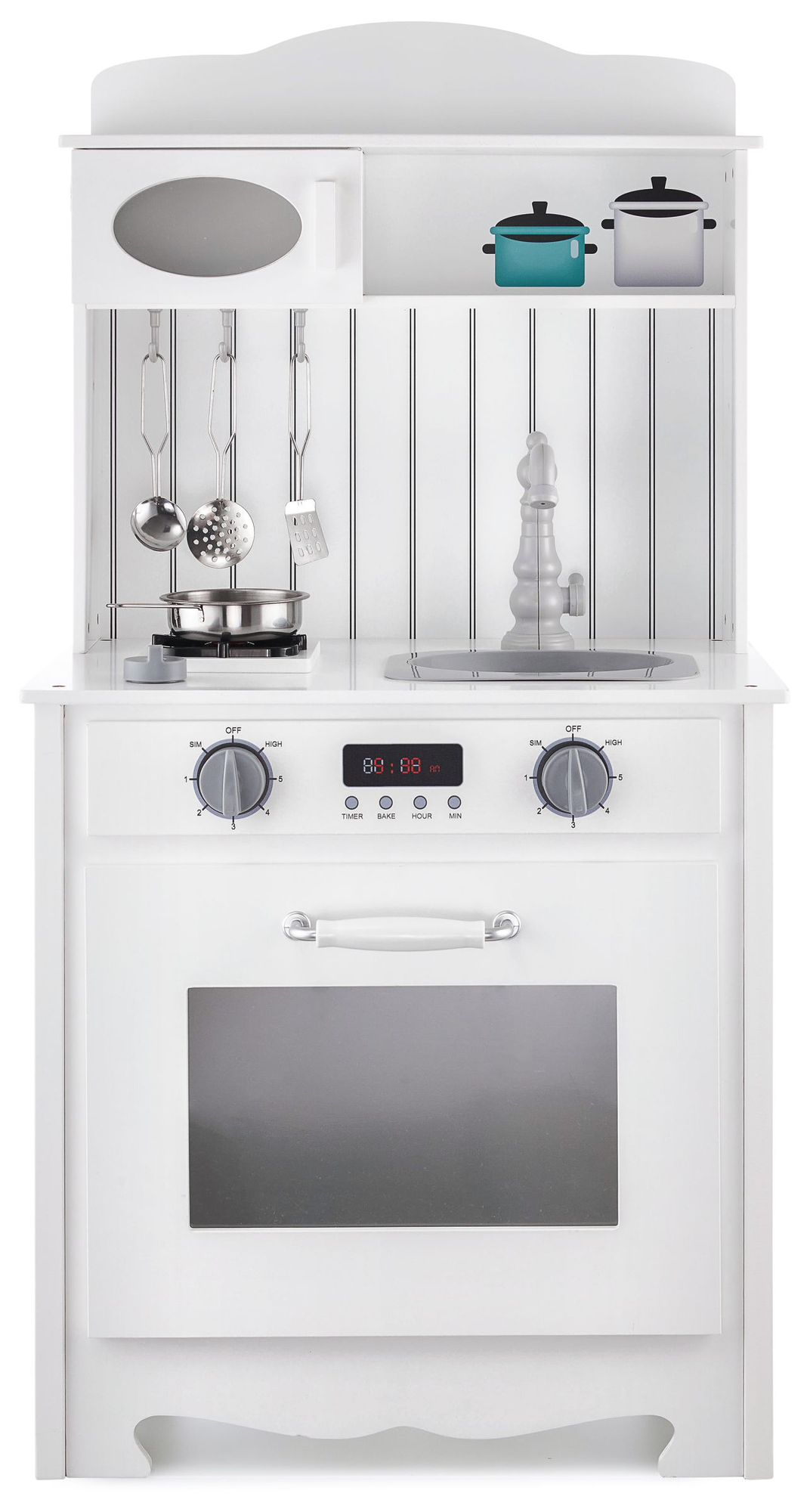 Cucina in legno bianco con grembiule, accessori e lampada LED